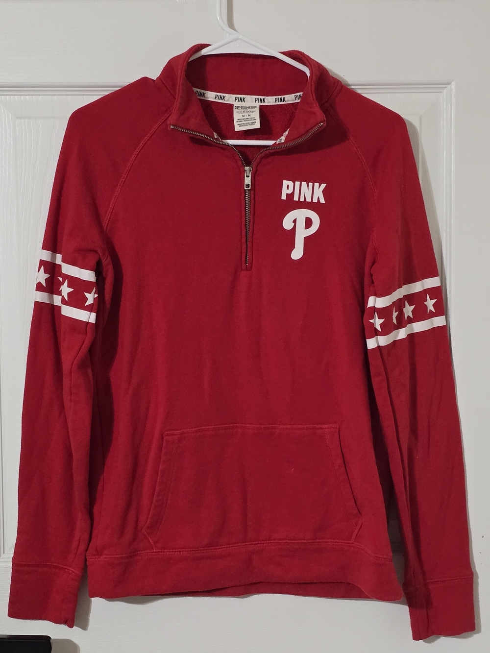 PINK Victoria's Secret Red Quarter-Zip Pullover with Star Stripe Sleeves